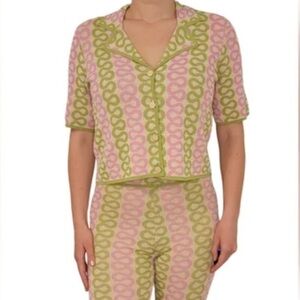 House of Harlow 1960 Wavy Print Short Sleeve Button Up Knit Top Small New!